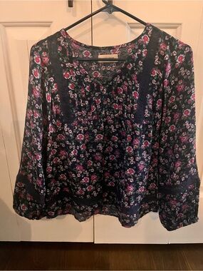 Lucky Brand Black Floral Peasant Blouse with Pink Accents